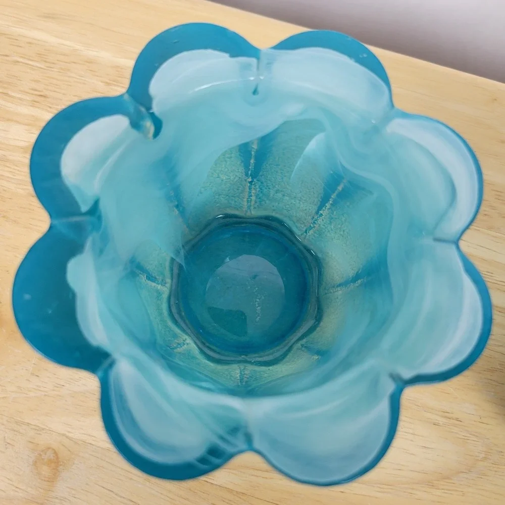 Teal Glass Votive Holders Flower Shape Swirl GlassDecorative Bowl Coastal MCM‎
